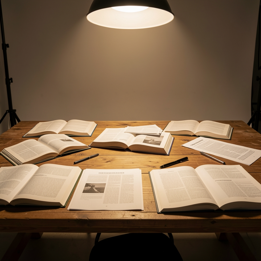 Editorial workspace with open books, printed research papers spread across a wide wooden desk, warm studio lighting from above