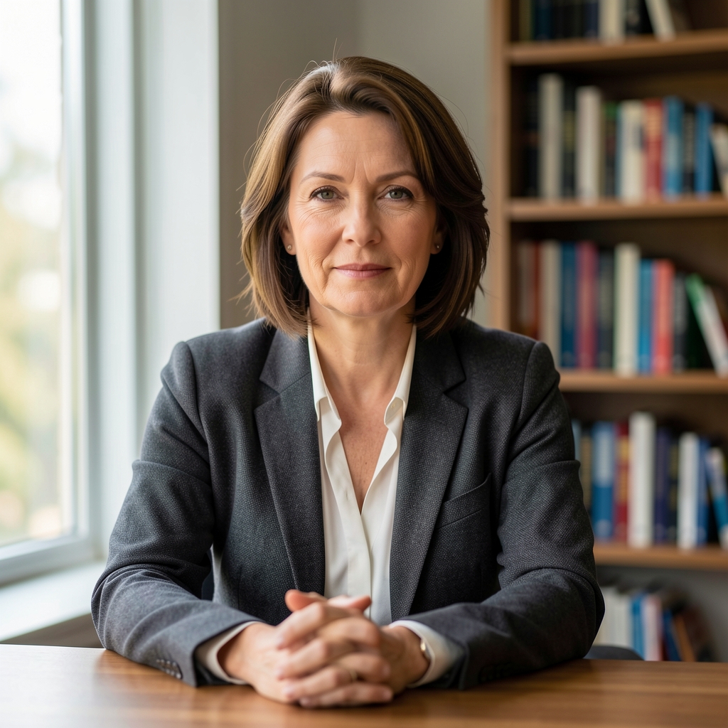 Portrait of a woman in her forties seated at a desk near a window, natural daylight, bookshelves visible behind her, calm composed expression