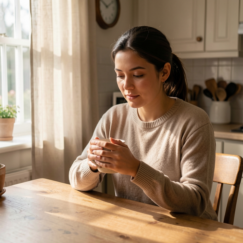 Person seated at a kitchen table early in the morning, hands wrapped around a mug, calm domestic setting with natural light through linen curtains